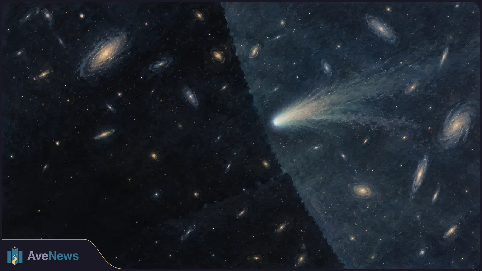 Illustration of a bright comet with a long, diffuse tail among scattered spiral galaxies in a dark blue star field. SI illustration
