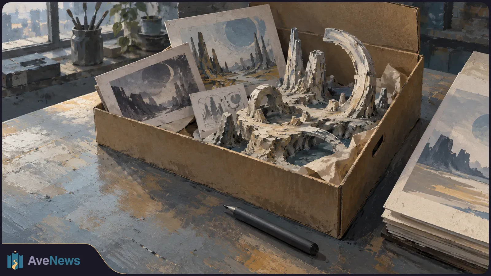 A painted studio scene shows a cardboard box holding a miniature rocky landscape with arches, alongside landscape sketches. A pen lies on the table; brushes stand by a window. SI illustration