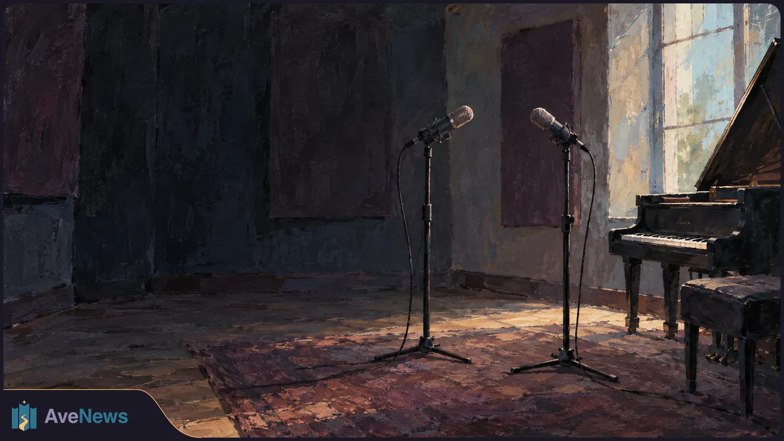 A painted, dimly lit music room with two microphones facing each other beside a grand piano and bench. SI illustration
