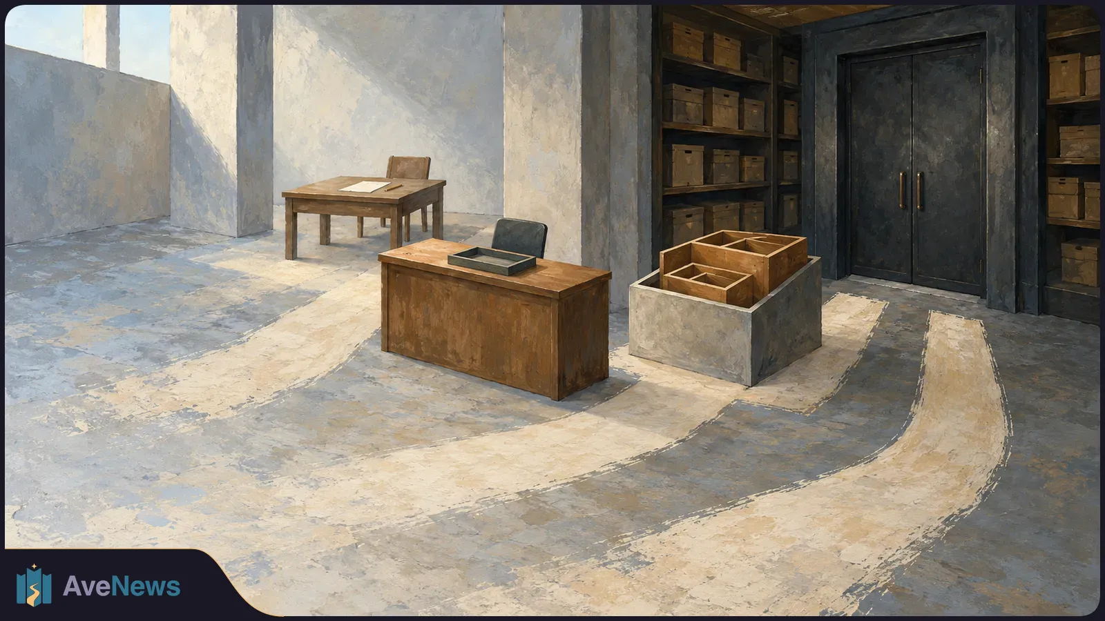 Painted empty room with two wooden desks, stacked boxes on shelves, a closed double door and broad bands of light across the floor. SI illustration