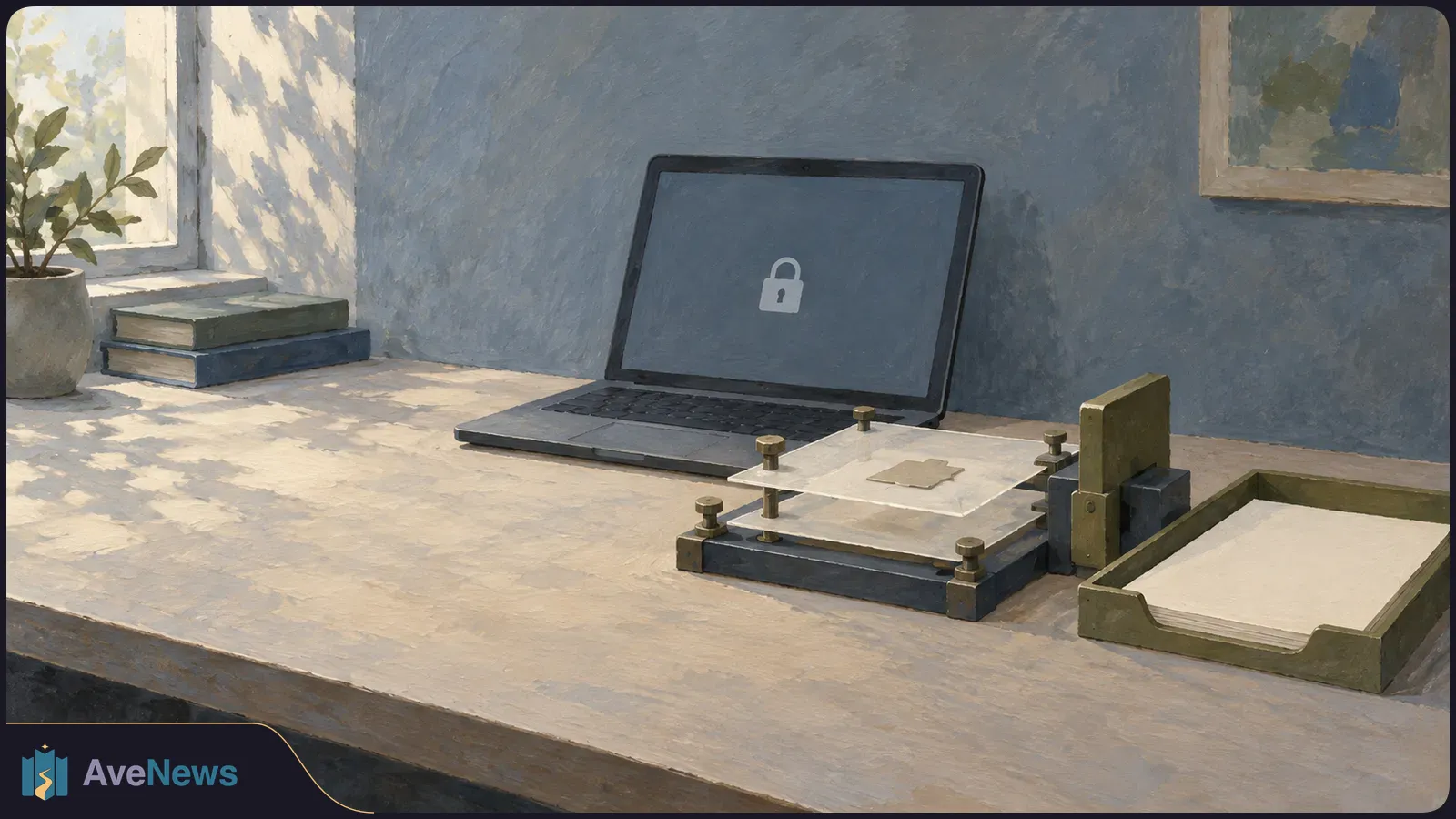 Painted desk scene with a laptop showing a white padlock on a dark screen, a stack of translucent sheets in a metal holder, and a tray of blank paper. SI illustration