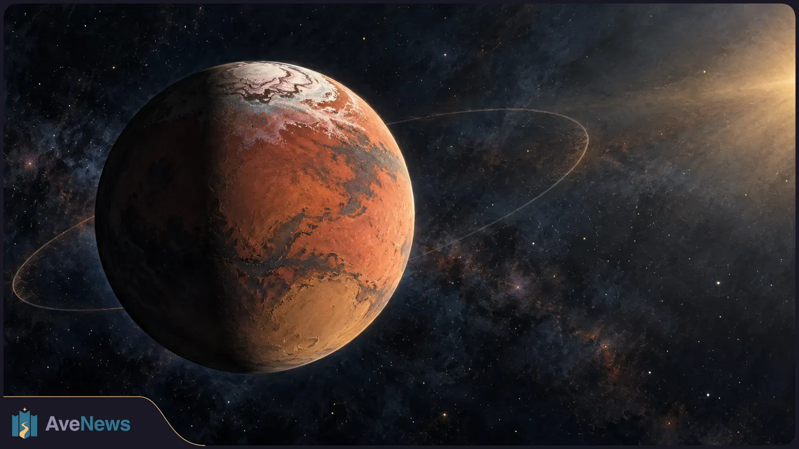 Illustration of a rust-red, partly shadowed Mars with a pale polar cap against a starry sky. A thin arc curves behind it, with a warm glow at right. SI illustration