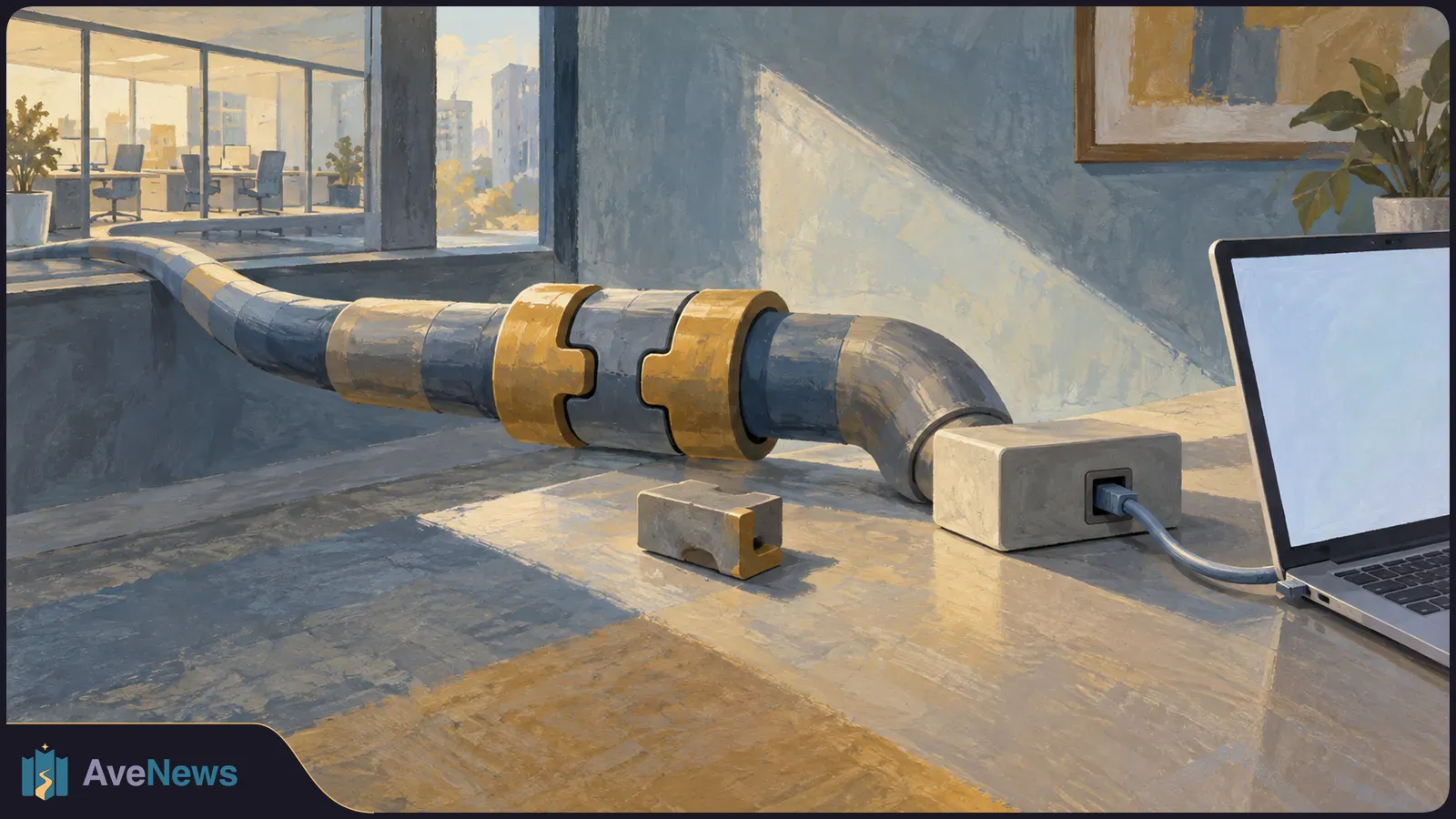 Painterly office scene with a large pipe joined by gold couplings, leading to a cable plugged into a blank-screen laptop. A small block rests on the counter below. SI illustration