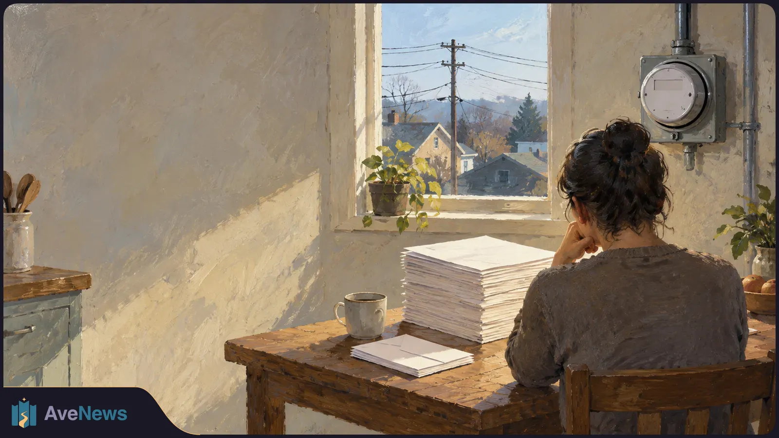 Painted scene of a woman seated at a wooden table beside a tall stack of papers, with an electric meter on the wall and power lines visible through the window. SI illustration