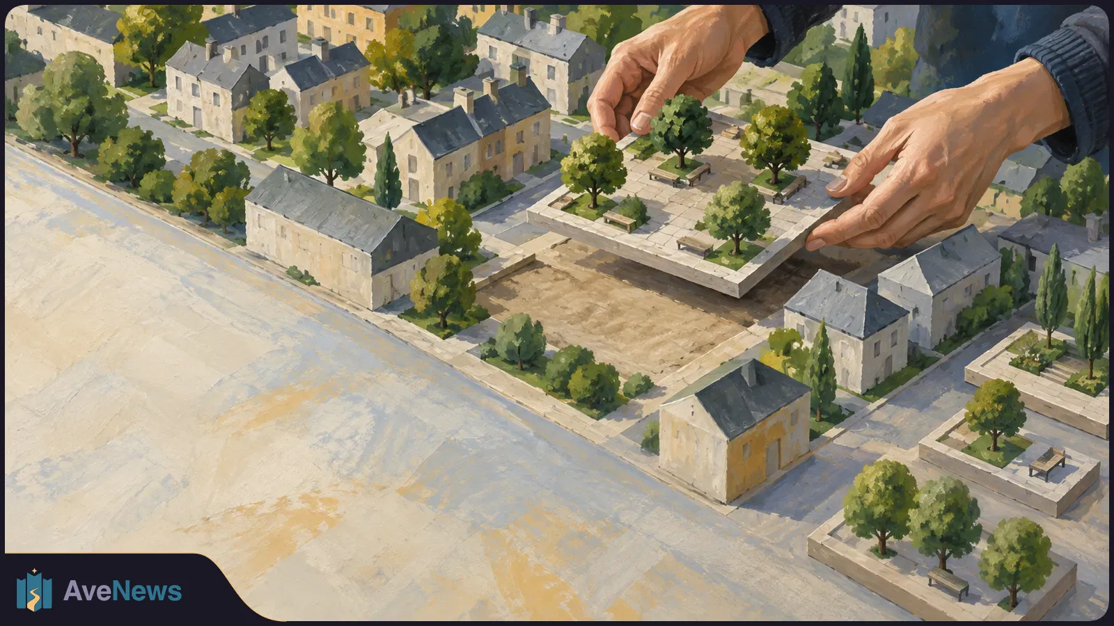 Illustration of two hands positioning a tree-lined plaza over an empty plot in a model town of houses and streets. SI illustration