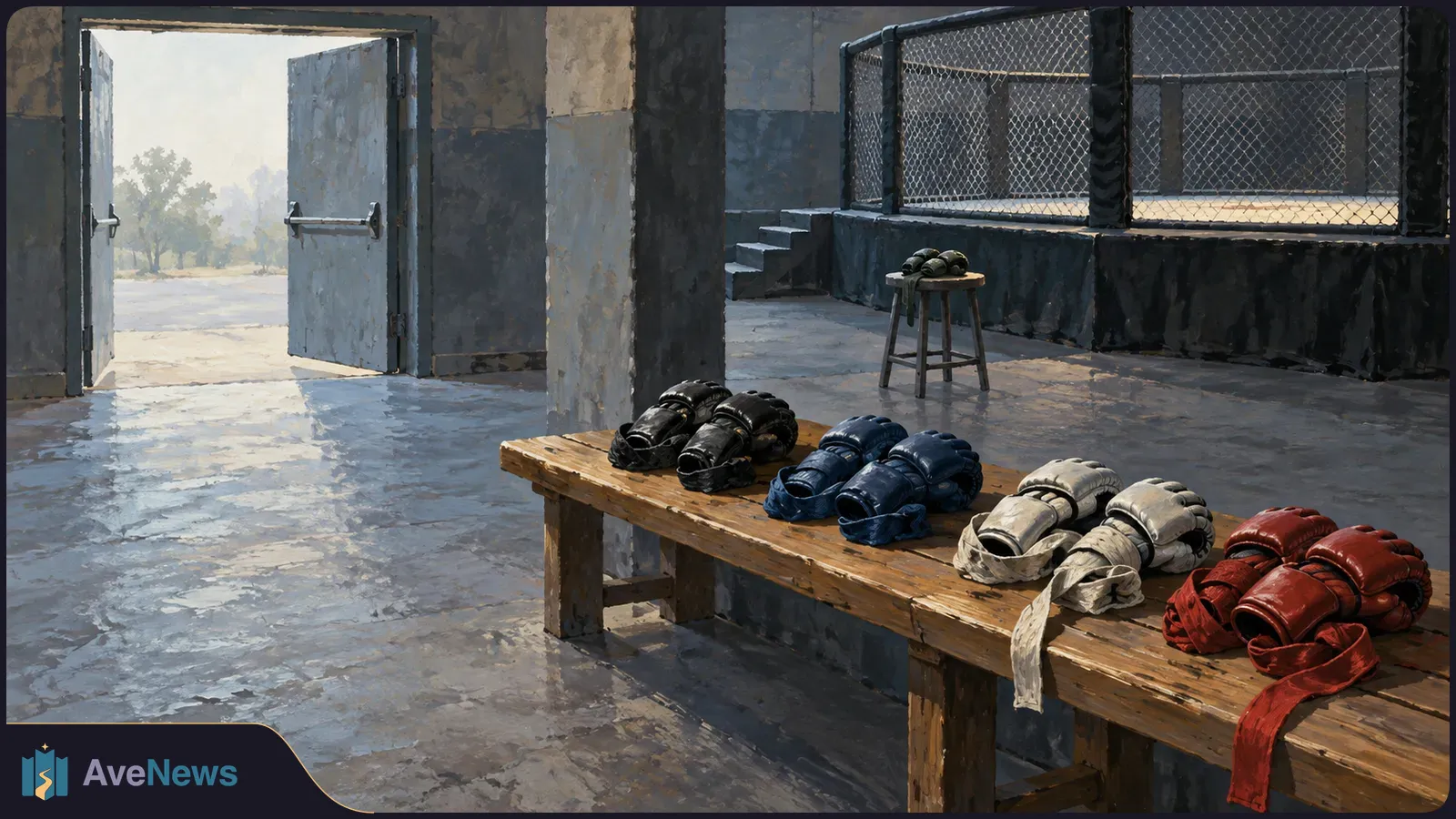 Four pairs of MMA gloves line a wooden bench beside a cage; a fifth pair sits apart on a stool near an open door. SI illustration