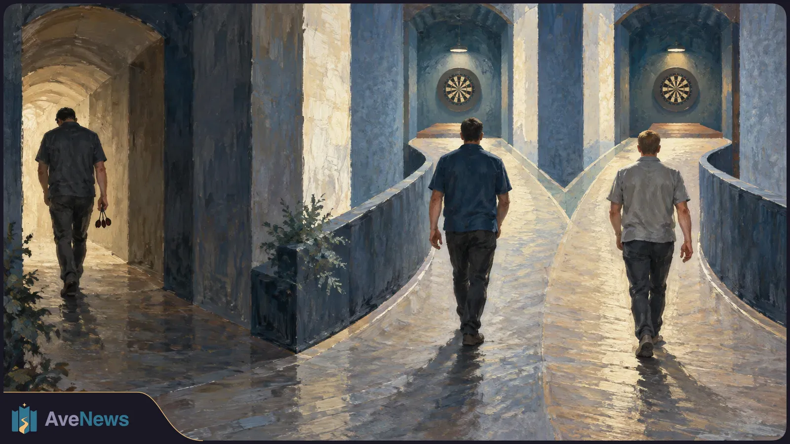 Painterly scene of three men seen from behind walking along separate stone corridors; two dartboards hang at the ends of the right-hand paths, and one man carries darts. SI illustration