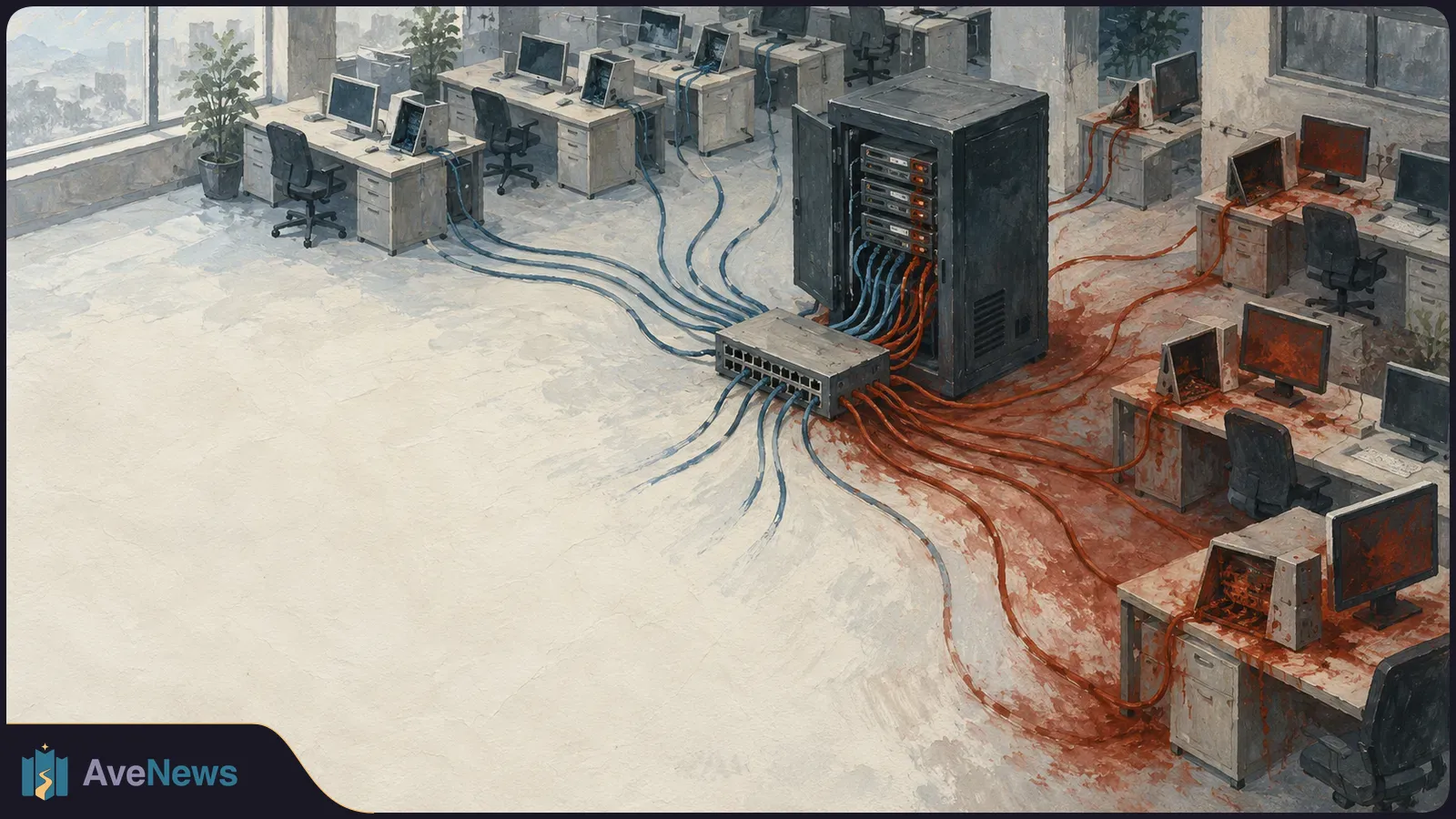 Illustrated office with an open server rack and network switch. Blue cables run to computers on the left; red cables run to red-stained computers on the right. SI illustration