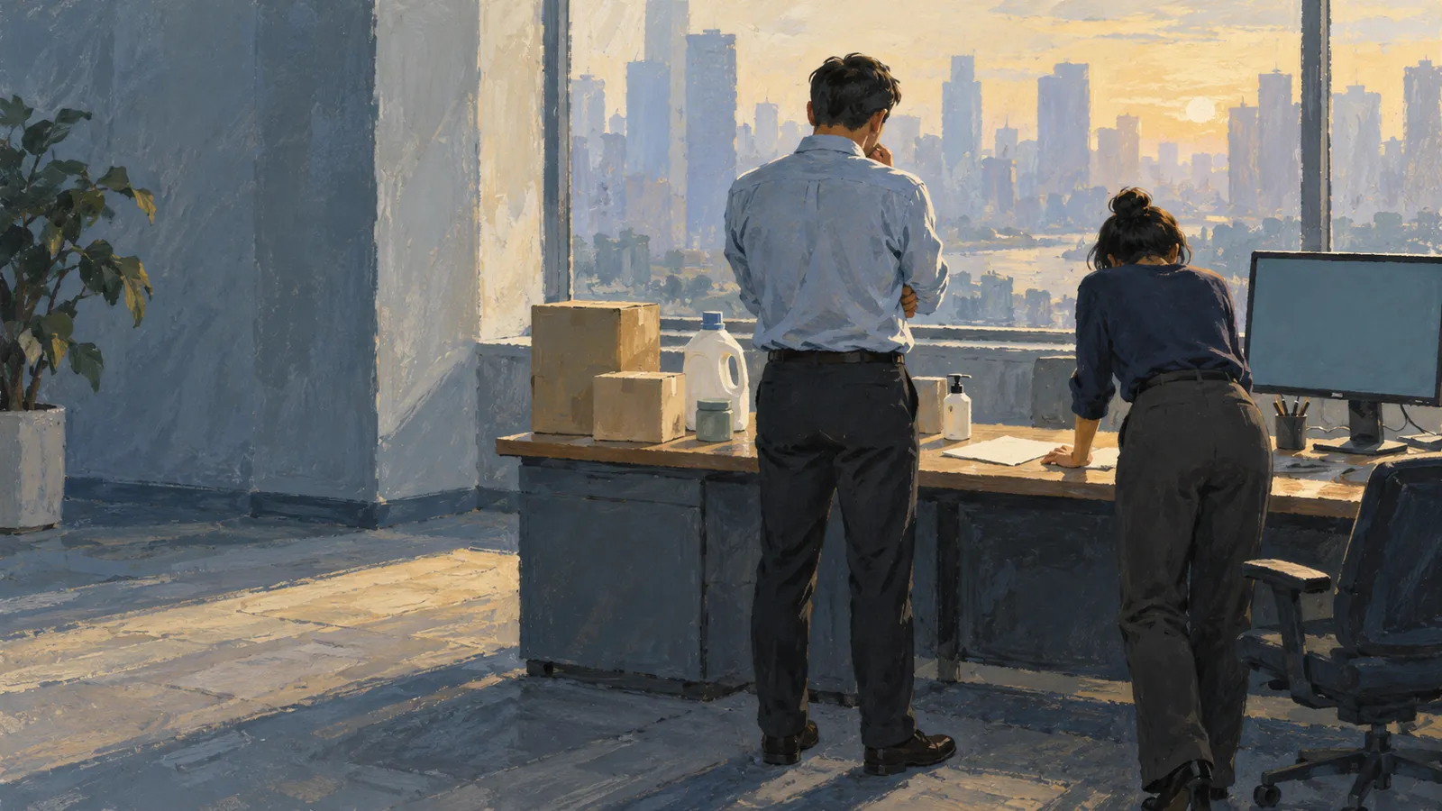 Illustration of two people at an office desk with boxes, bottles and a monitor, facing a city skyline through a large window. SI illustration