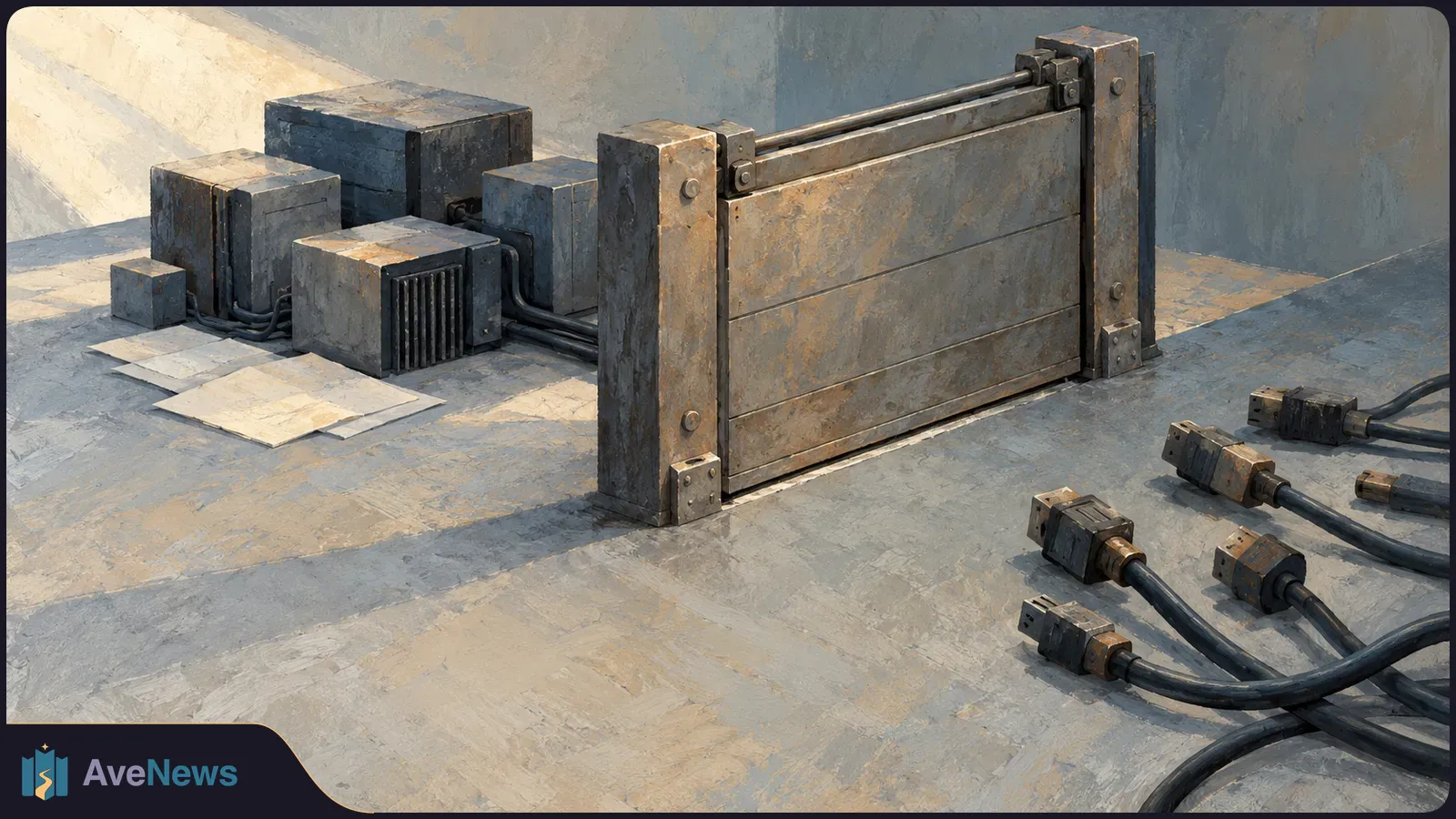 Painterly illustration of a metal barrier beside boxy equipment, with loose cable connectors on the floor and blank sheets of paper nearby. SI illustration