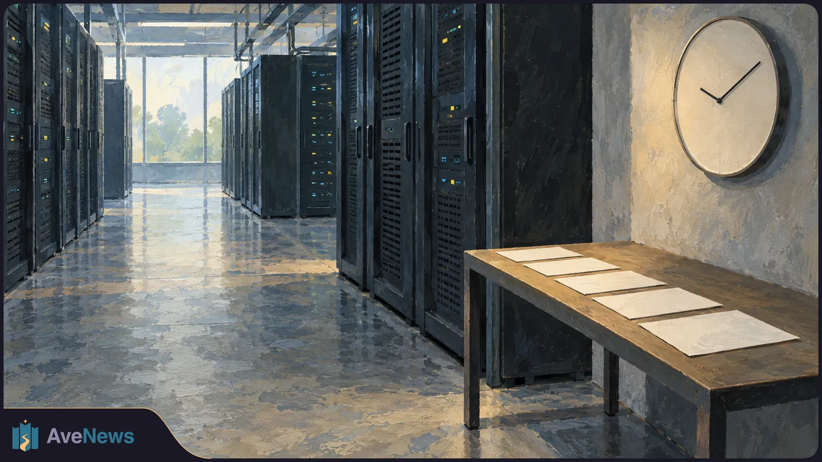 Painted server room with rows of dark racks, a wall clock, and blank sheets on a wooden table. SI illustration