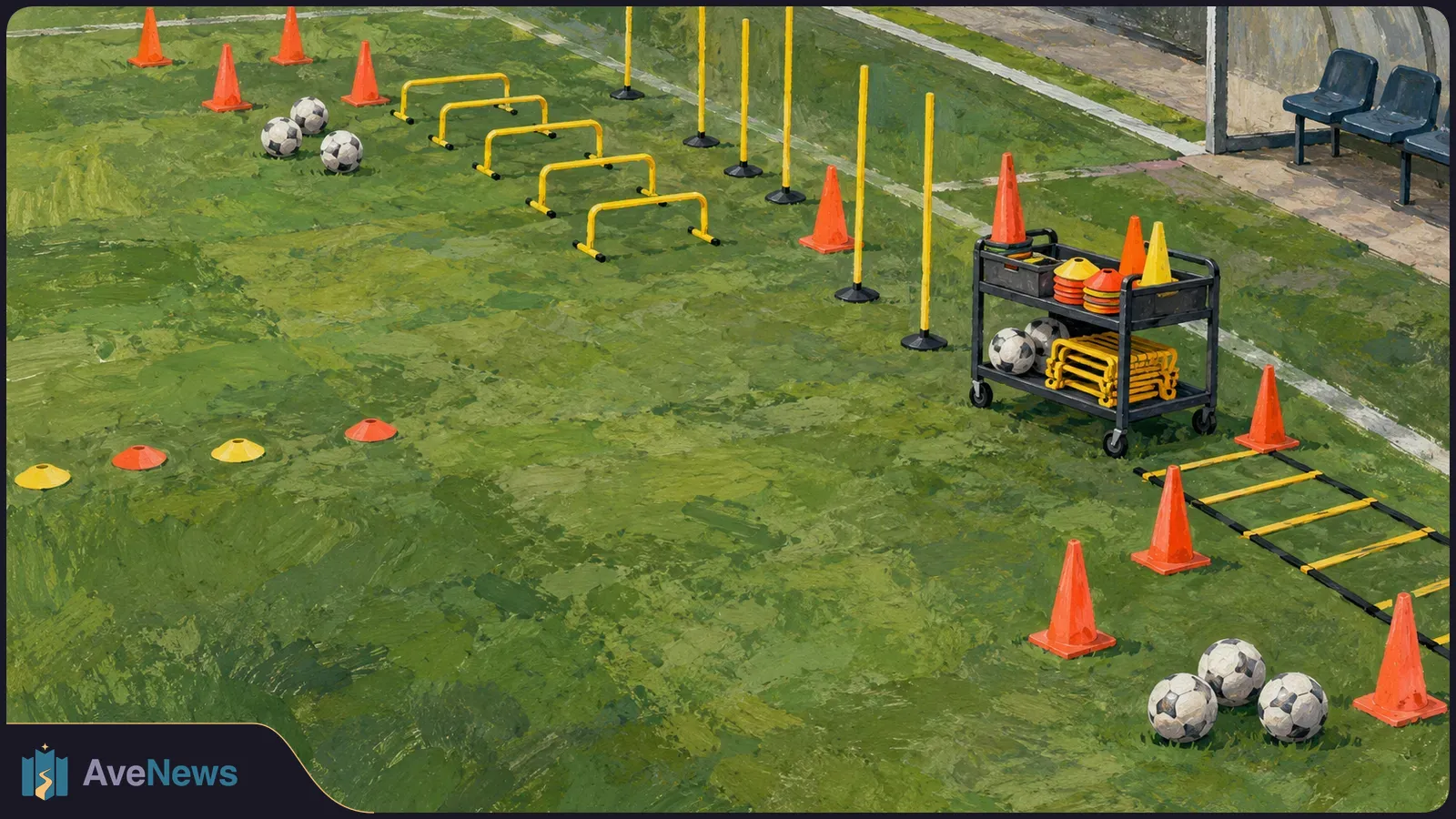Illustration of a soccer training field with balls, orange cones, yellow hurdles and poles, an agility ladder, and an equipment cart beside a bench. SI illustration