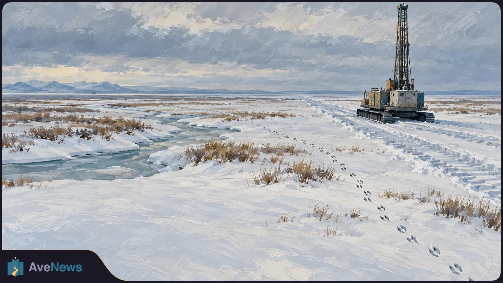 A painted scene of a tracked drilling rig on a snowy plain beside a partly frozen stream, with distant mountains and dark clouds. SI illustration
