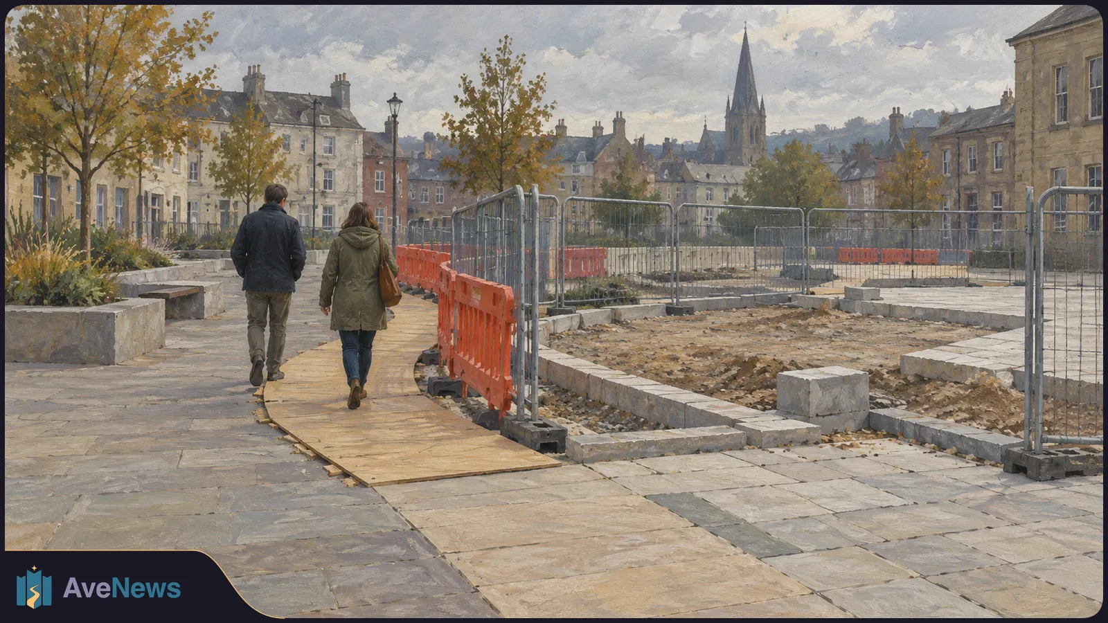 Painterly view of two people walking past a fenced-off area of dug-up paving and orange barriers in a town square, with stone buildings and a church spire behind. SI illustration