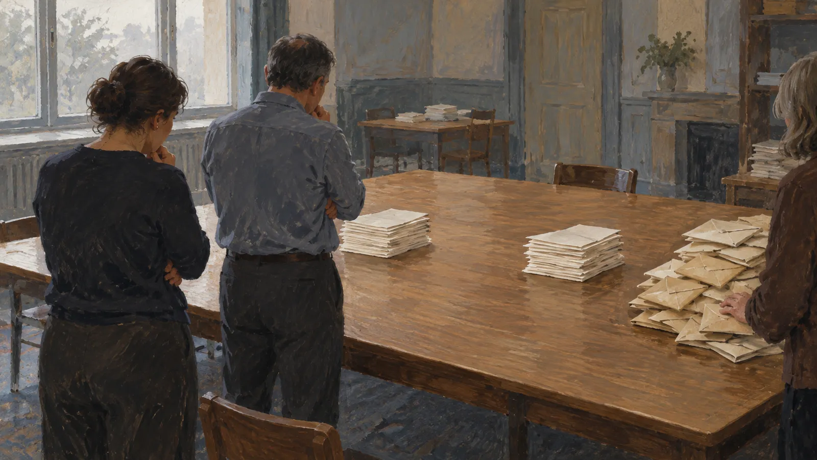 A painting of three people around a large wooden table holding stacks of papers and envelopes, in a room with windows and a fireplace. SI illustration