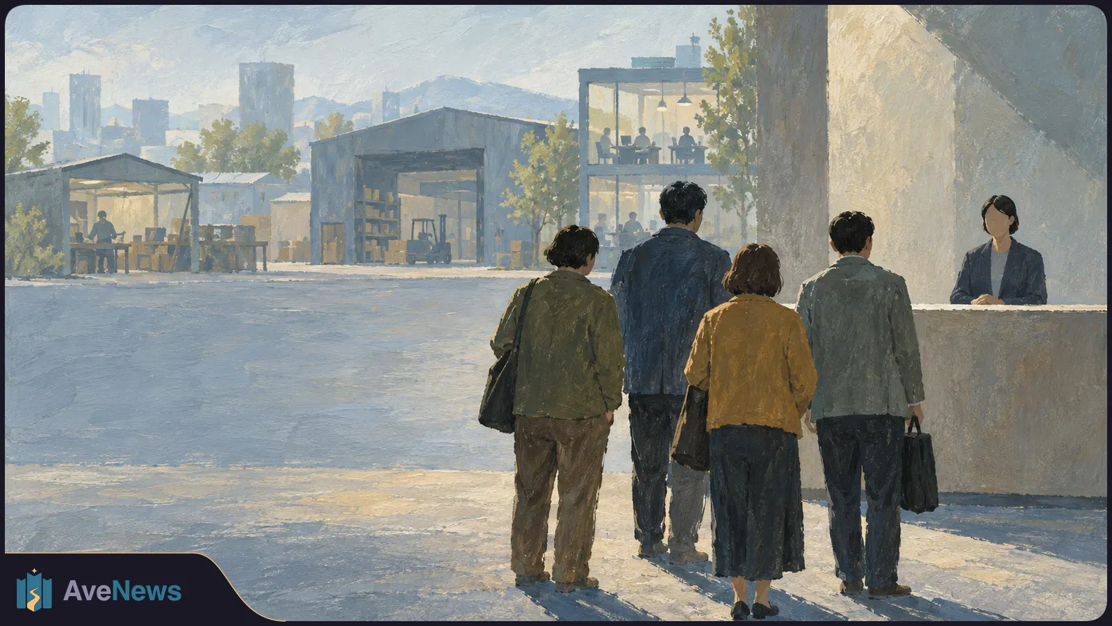 Painterly illustration of four people seen from behind approaching a reception desk, with workshops, workers and a forklift in the background. SI illustration