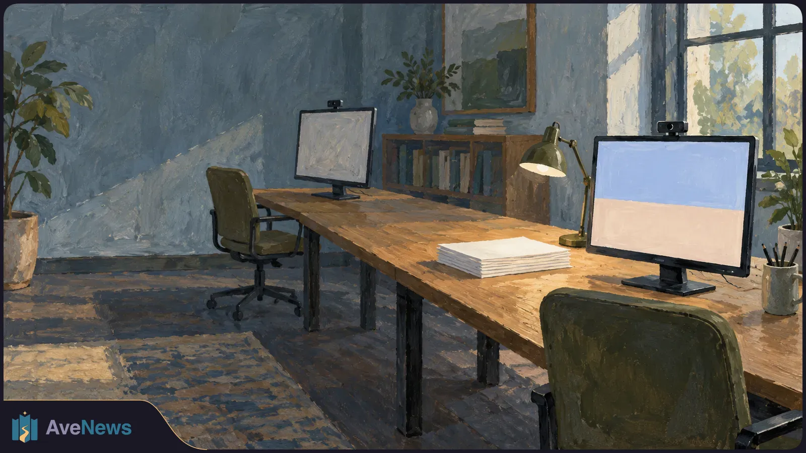 Painted office scene with two webcam-topped monitors on a long wooden desk, a stack of blank papers, a lamp, and empty chairs by a window. SI illustration