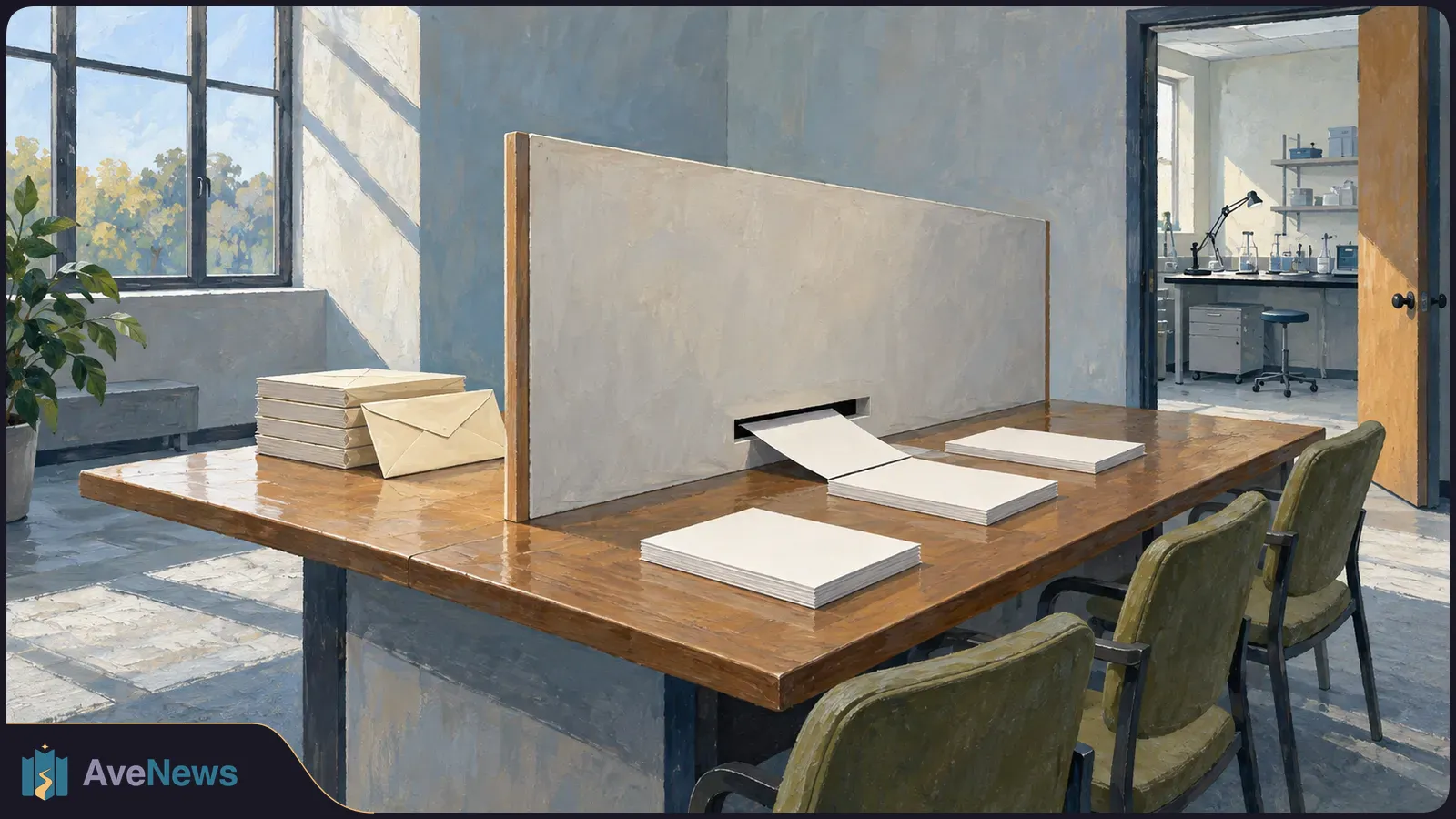 Painted scene of blank proposal papers passing through a slot in a desk divider, with a laboratory visible through an open door. SI illustration