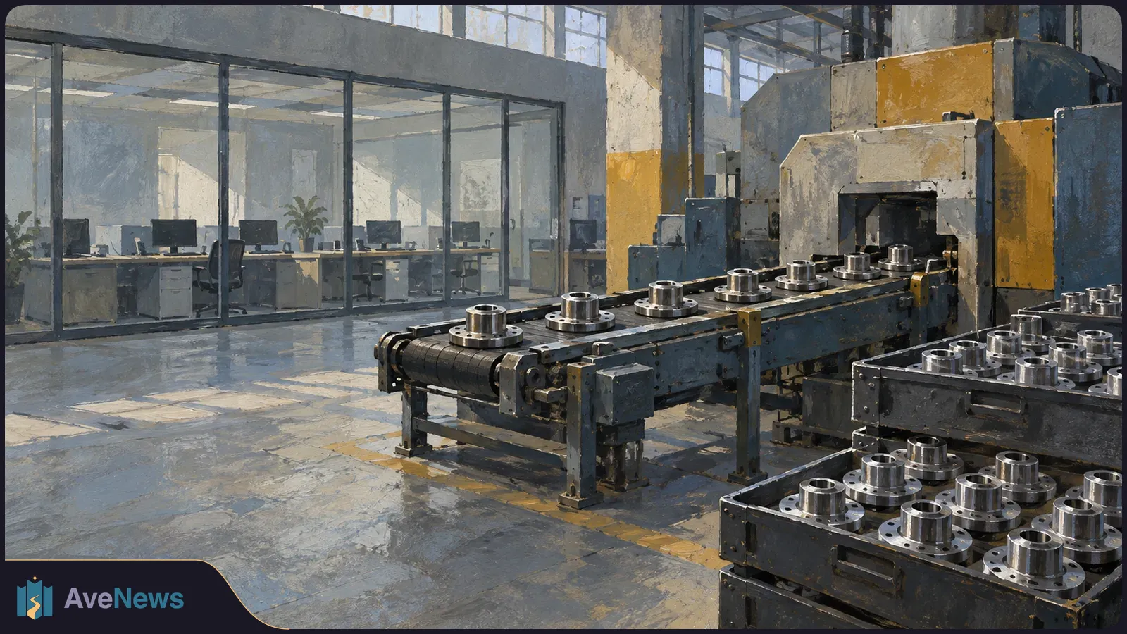 Painted factory interior with metal parts on a conveyor leading into a large machine. Crates of similar parts sit nearby, with a glass-walled office behind. SI illustration