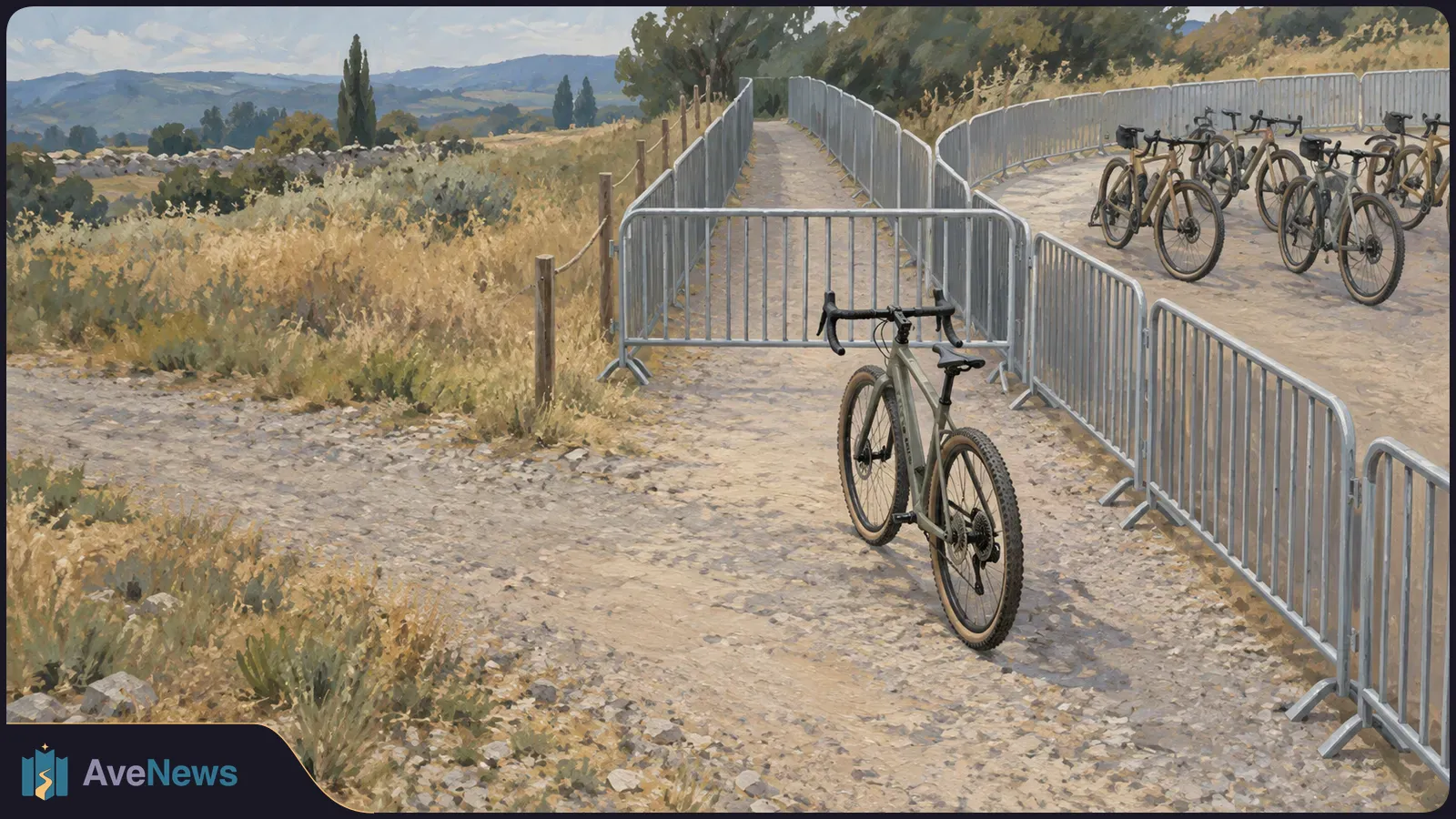 A gravel bike stands apart from several others across metal barriers on a rocky path, with dry grass and hills behind them. SI illustration