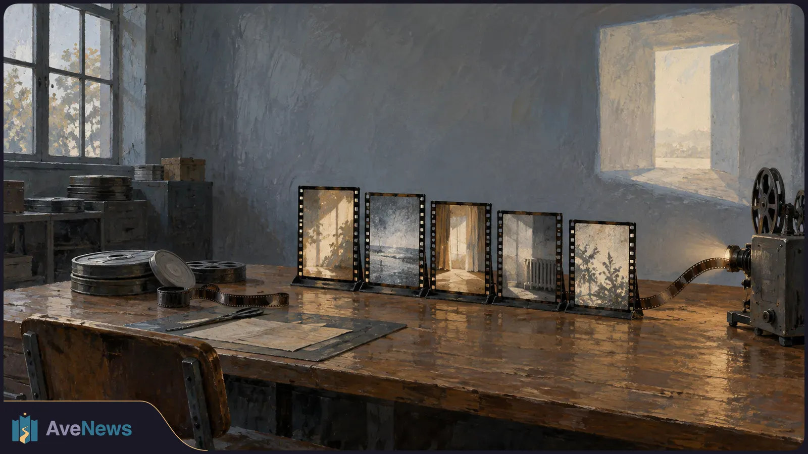 Painterly room with a film projector, reels and five upright film frames on a wooden table; daylight enters through two windows. SI illustration