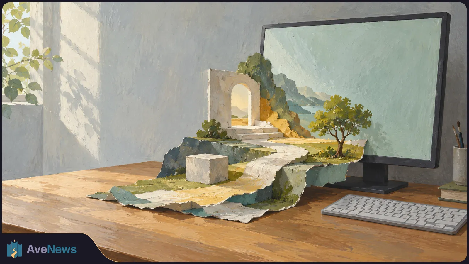 A painted landscape of a winding path, stone arch, trees and distant water extends from a monitor onto a wooden desk. A keyboard sits in front. SI illustration