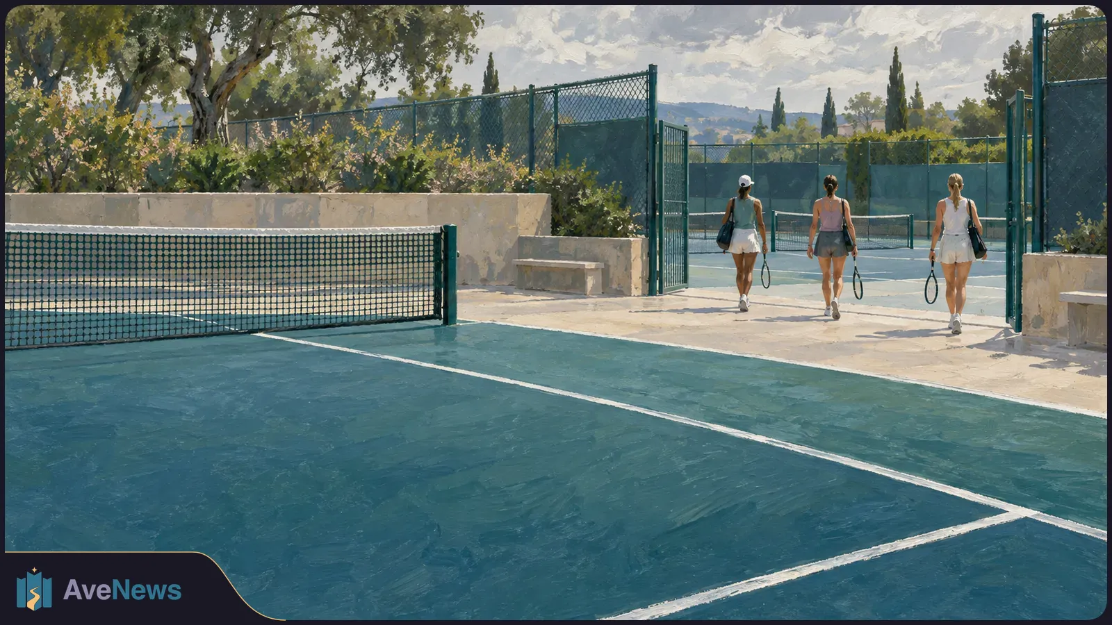 Painted tennis courts with nets and three women seen from behind, carrying rackets toward a fenced court. SI illustration