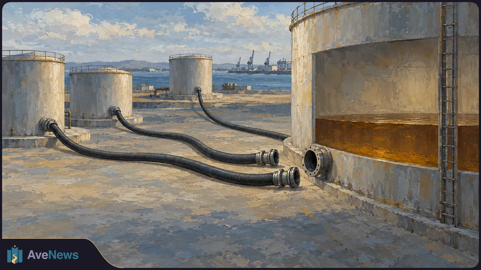 Painterly illustration of storage tanks by a harbor. Black hoses stretch across the ground toward a large cutaway tank showing amber liquid; cranes stand across the water. SI illustration