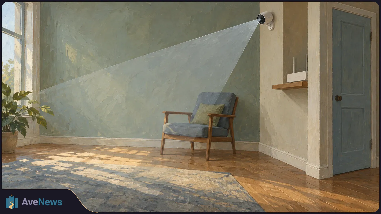 Painted room with a wall-mounted security camera casting a translucent viewing cone across an armchair toward a window; a small router sits on a shelf by the door. SI illustration