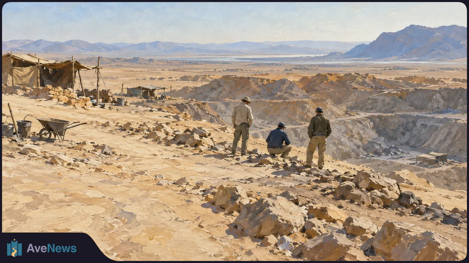 Three figures stand and crouch beside a rocky open pit in a desert landscape, with tents, a wheelbarrow and distant mountains. SI illustration