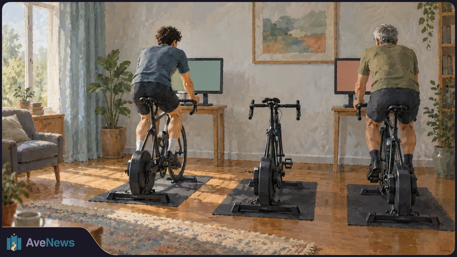 Painterly view of a younger and a gray-haired rider pedaling indoor cycling trainers in a living room, facing plain-color monitors; an unused bike stands between them. SI illustration