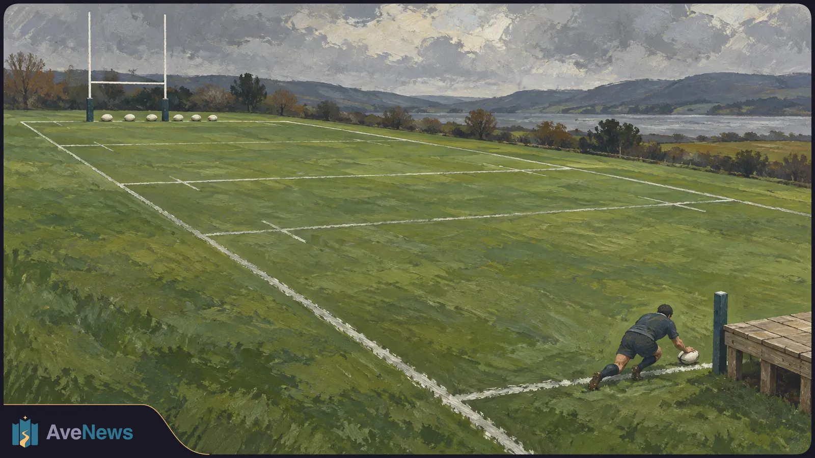 Painted rugby pitch beside a lake and hills under cloudy skies. A player crouches with a ball near the sideline; goalposts and several balls are in the distance. SI illustration