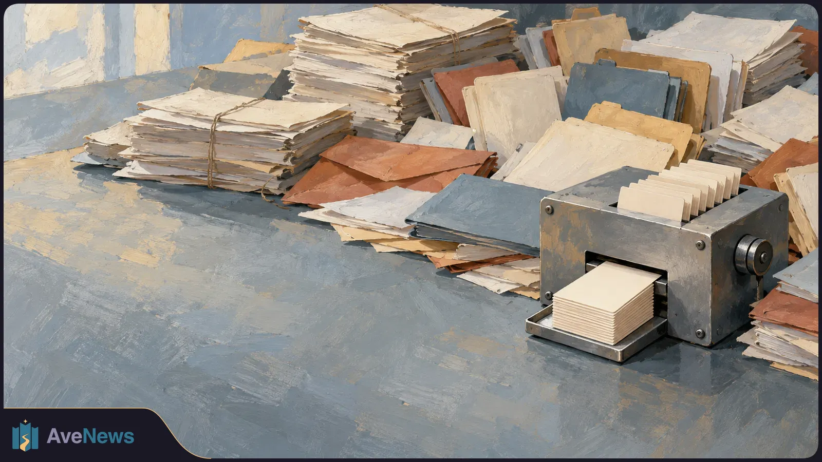 Painted illustration of a metal machine dispensing a neat stack of blank cards beside piles of loose papers and folders. SI illustration
