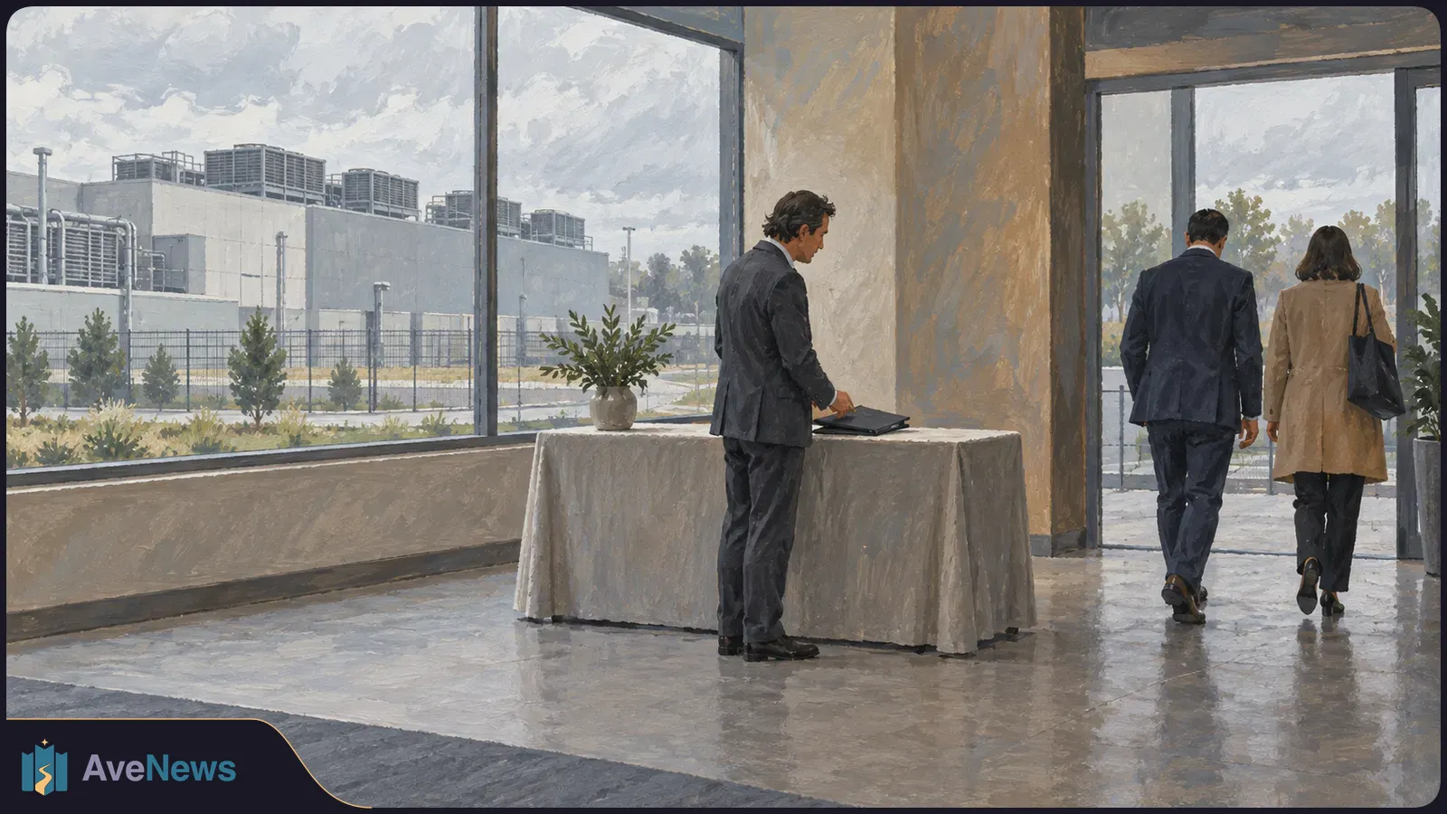 Illustration of a suited man beside a table with a folder, while two people walk toward glass doors. Large windows overlook a fenced industrial facility. SI illustration