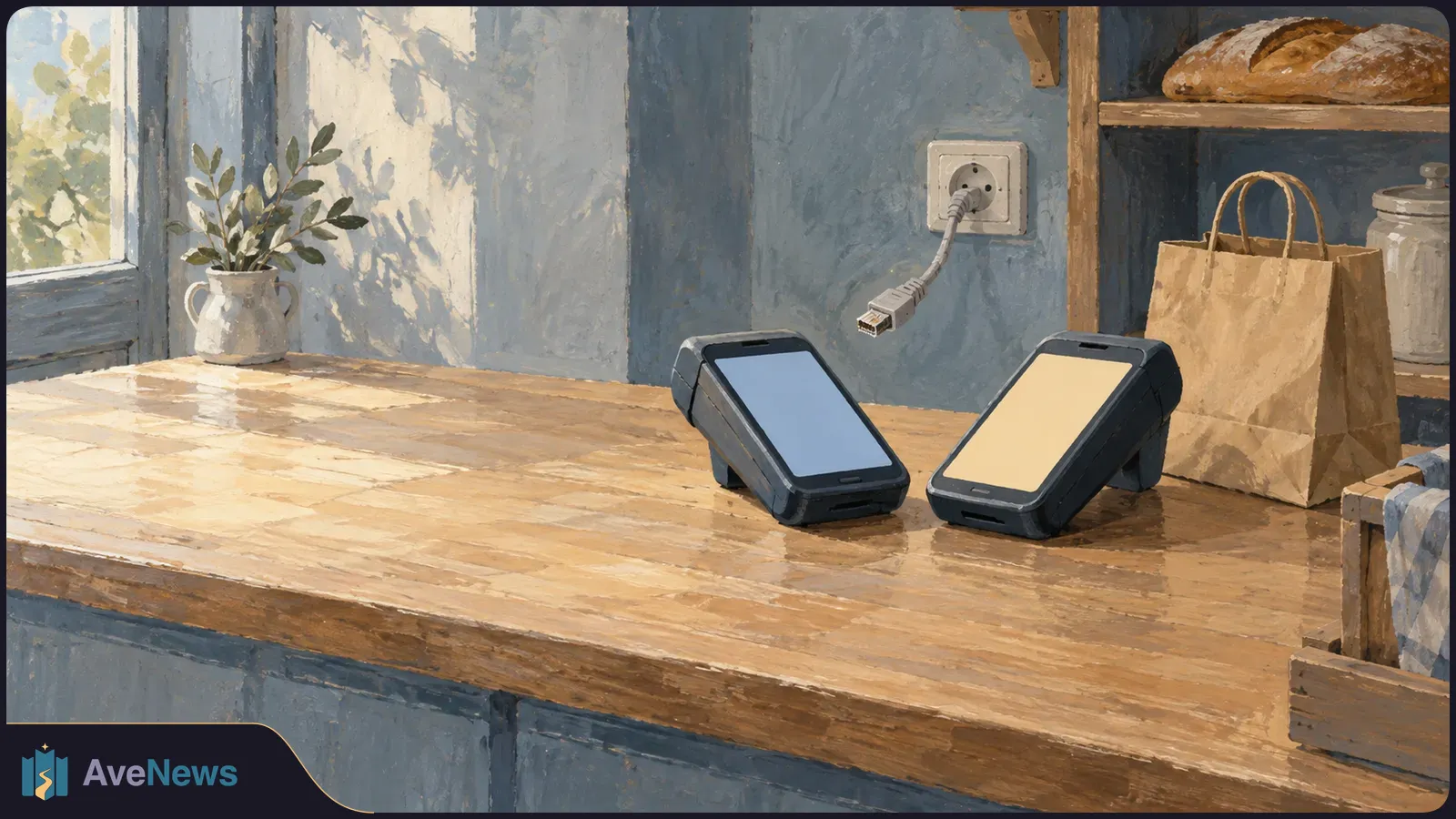 Painterly illustration of two payment terminals with blank screens on a shop counter. A loose cable connector hangs nearby, beside a paper bag and shelves of bread. SI illustration