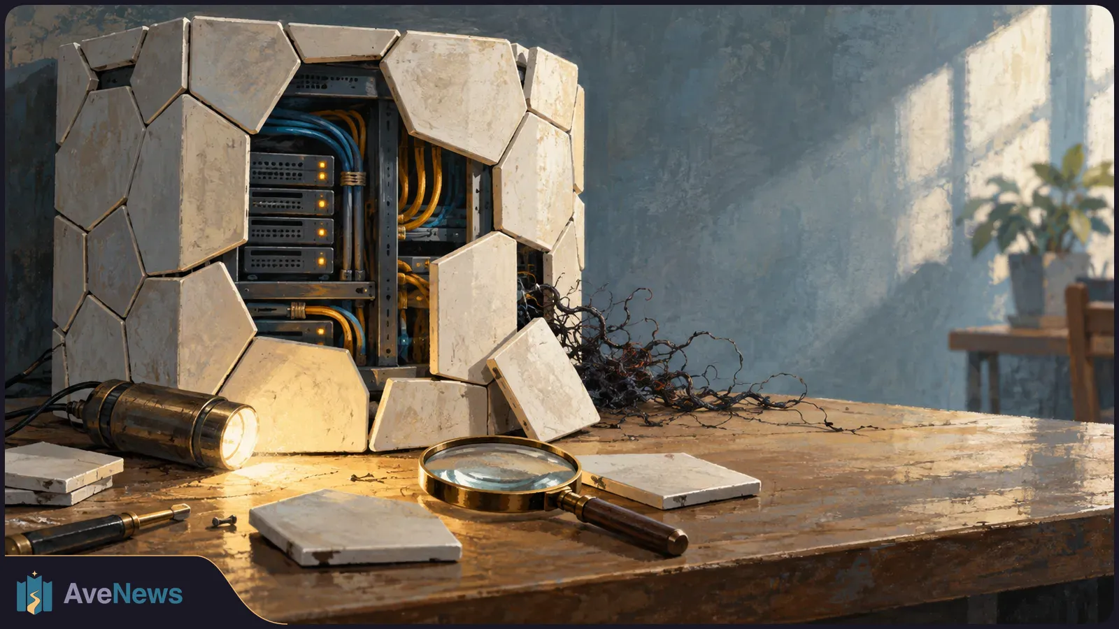 An open server cabinet with loose pale panels exposes cables and equipment on a wooden table. A flashlight, magnifying glass and screwdriver lie in front. SI illustration