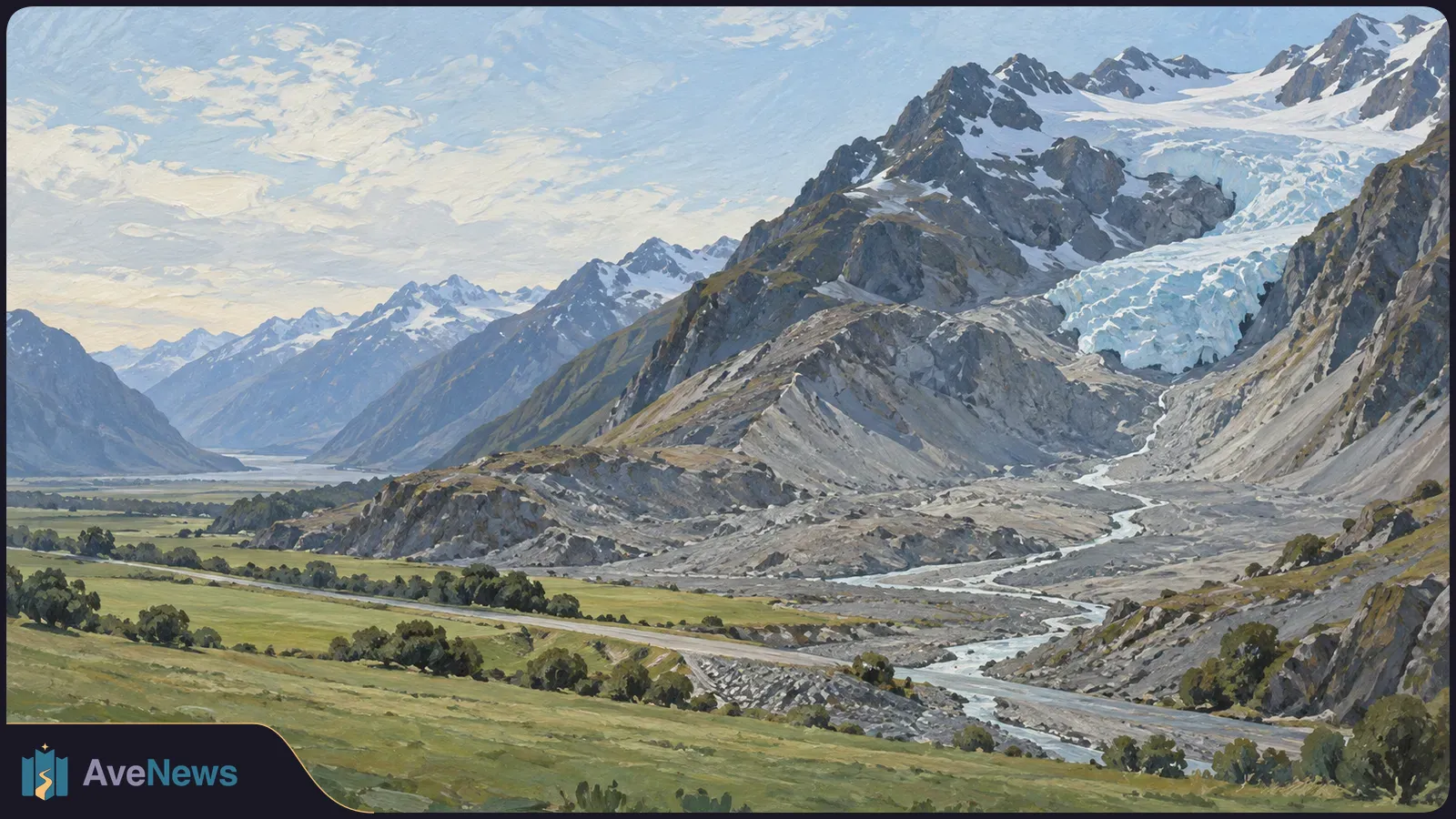 Painted mountain valley with a glacier above a rocky riverbed and green fields in the foreground. SI illustration
