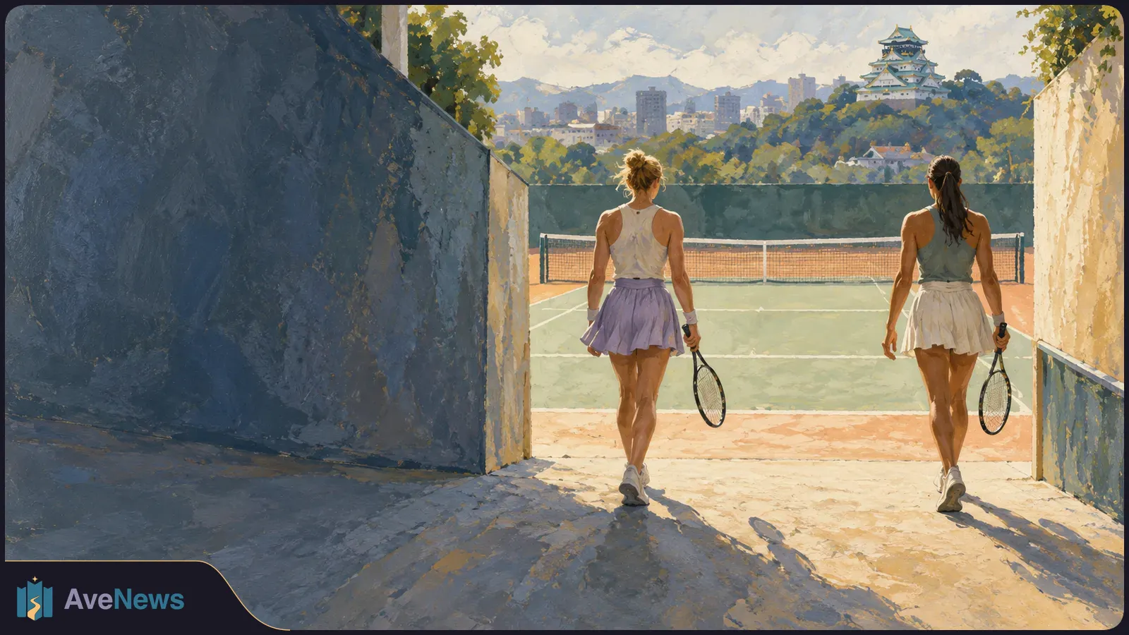 Illustration of two tennis players seen from behind, carrying rackets toward an outdoor court, with trees, a city skyline and a castle-like building beyond. SI illustration