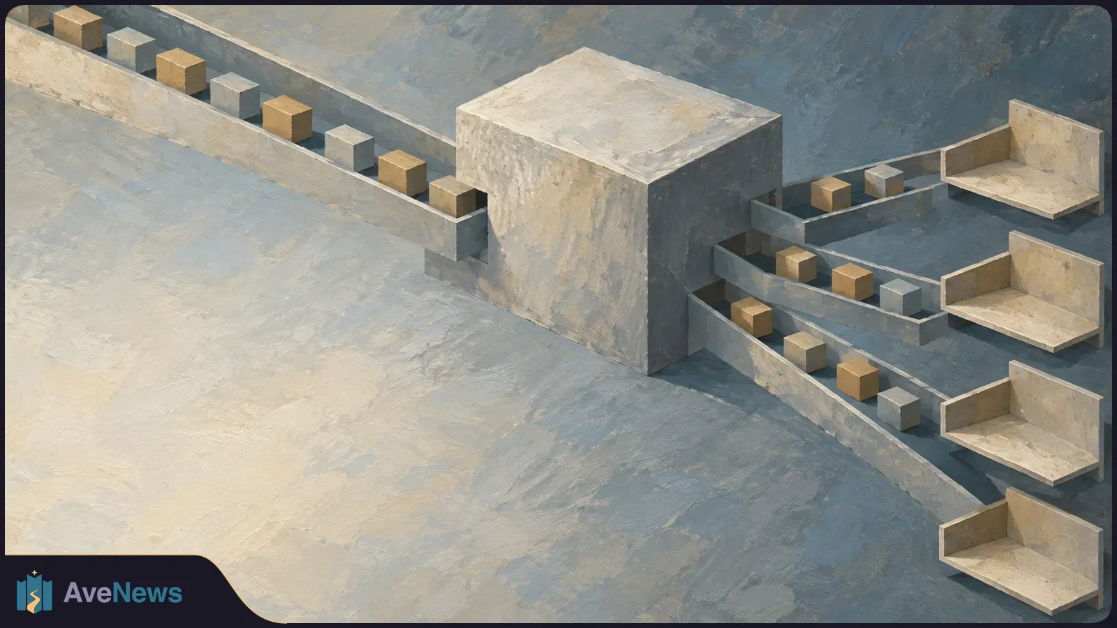 A painted scene of tan and gray cubes in several narrow channels meeting at a large square block, with a single channel extending from its other side. SI illustration