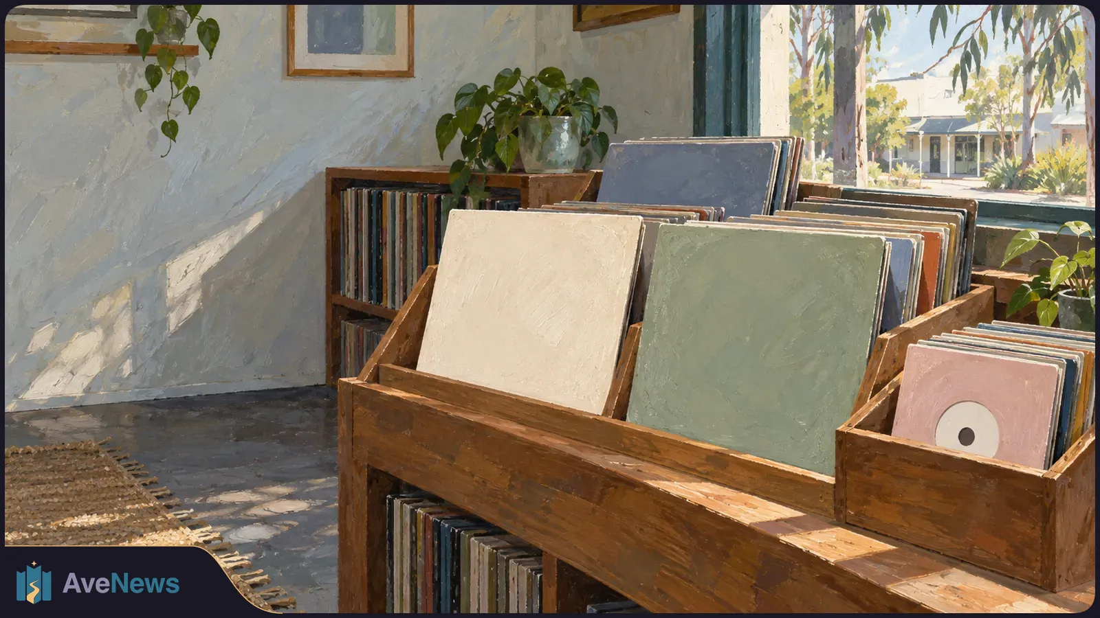 Painted record shop interior with rows of vinyl records in wooden bins, blank album sleeves, potted plants and a sunlit window. SI illustration