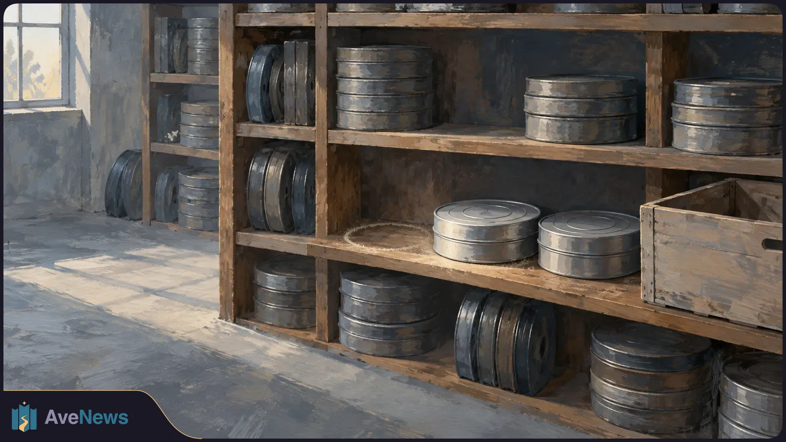 Painted scene of metal film canisters stacked on wooden shelves beside a sunlit window, with an empty wooden crate on the right. SI illustration