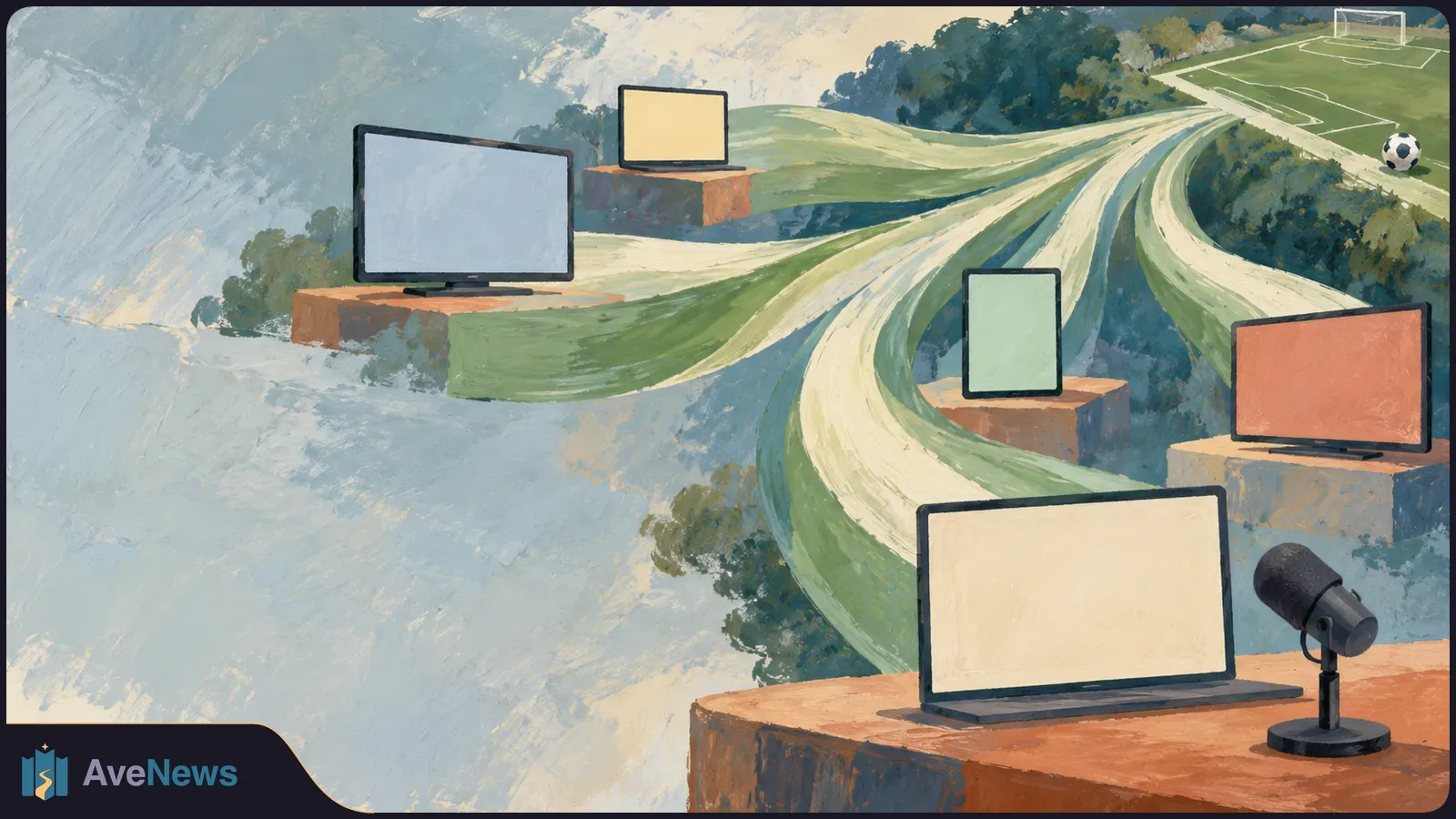 Painted illustration of blank screens and a laptop on platforms beside a winding path to a football pitch, with a microphone in the foreground and a ball near the field. SI illustration