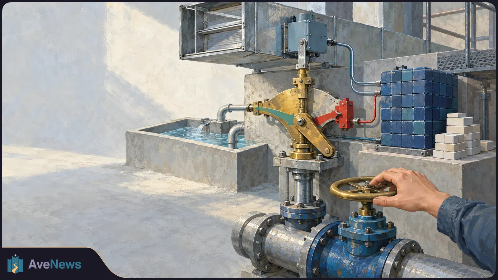 Painted industrial control room with ducts, a water basin, connected equipment and a hand turning a valve. SI illustration