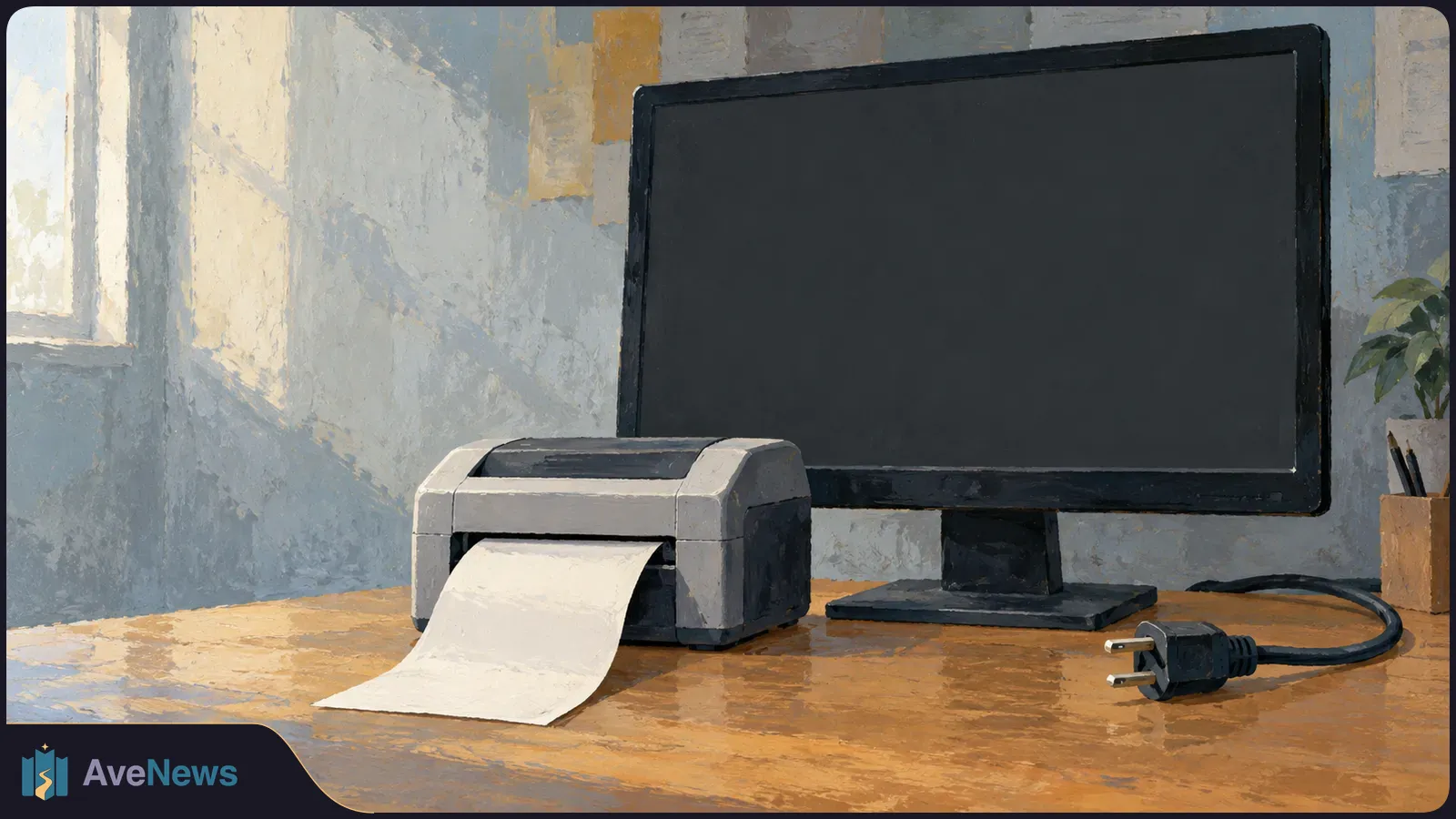 Painted illustration of a printer feeding out a blank sheet beside a dark monitor and an unplugged power cord on a wooden desk. SI illustration
