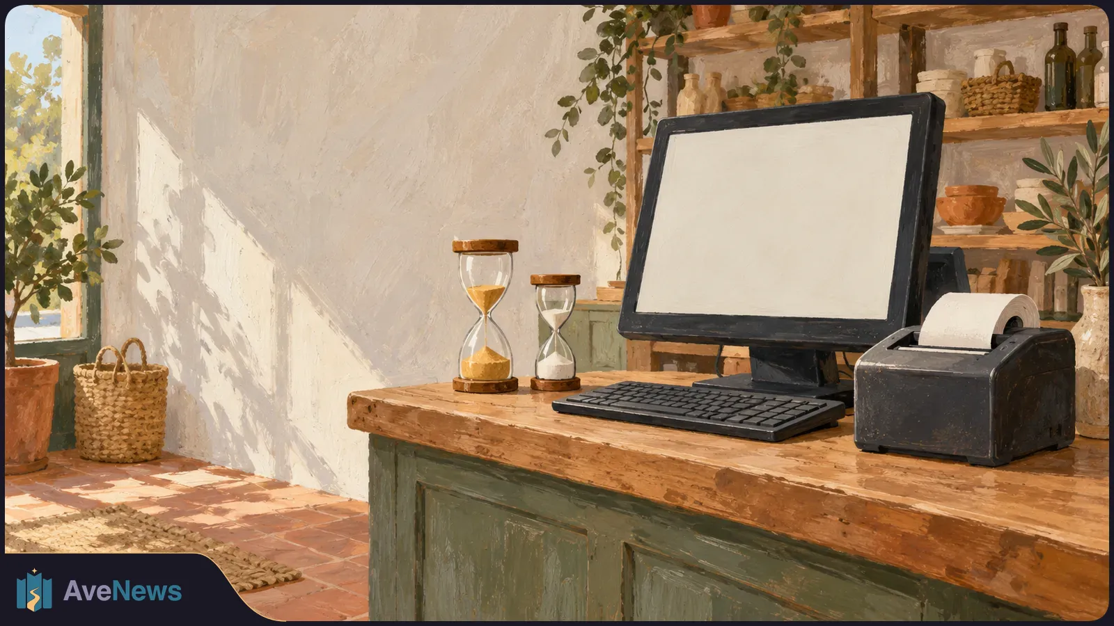 A painted shop counter with a blank computer screen, keyboard, receipt printer and two hourglasses. Shelves and plants fill the background. SI illustration