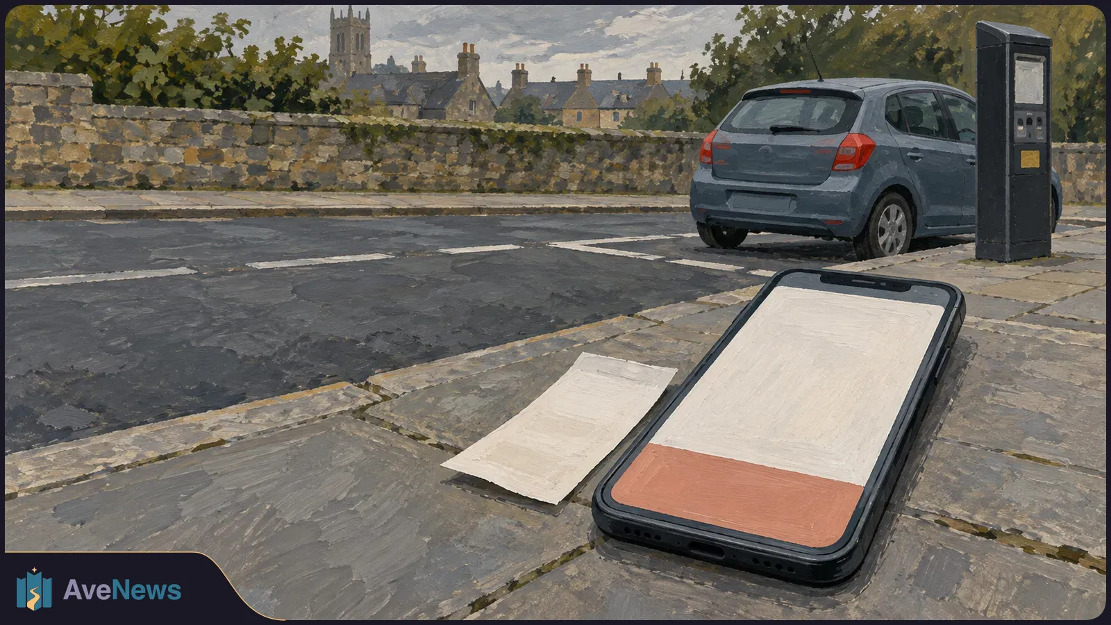 Painted street scene with a parked blue hatchback, a parking meter, and a phone with a blank screen beside a white slip of paper. SI illustration