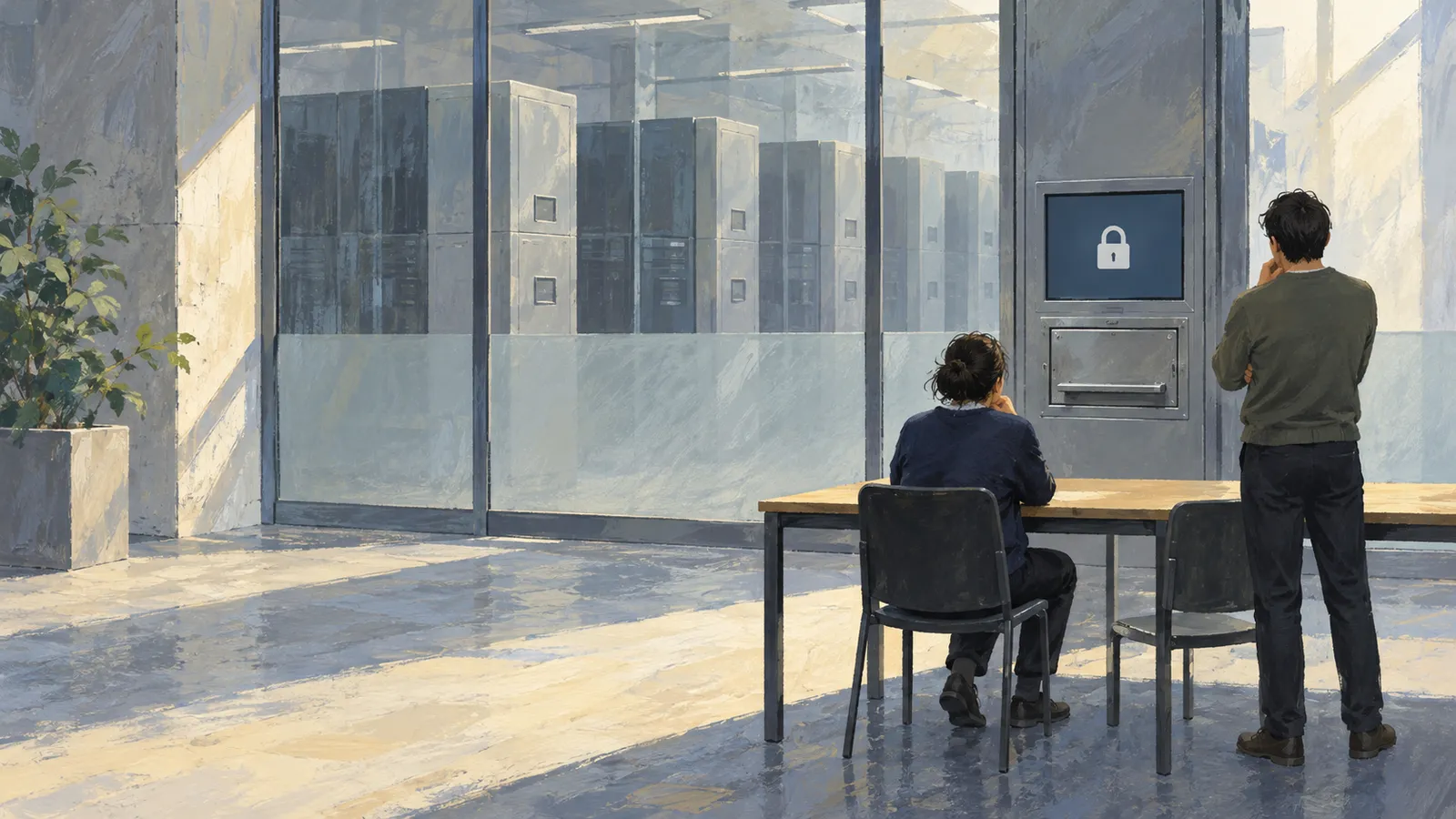 Two people face a screen displaying a closed padlock beside a glass-walled room of server cabinets; one sits at a table and the other stands. SI illustration