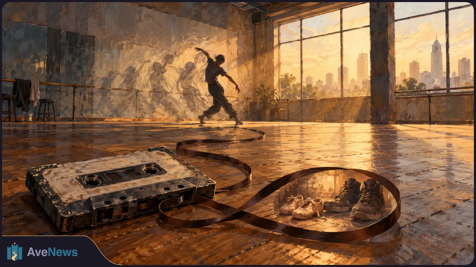 In a sunlit dance studio, a dancer moves beside faded figures on the wall. A cassette and its loose tape lie across the floor near two pairs of shoes. SI illustration