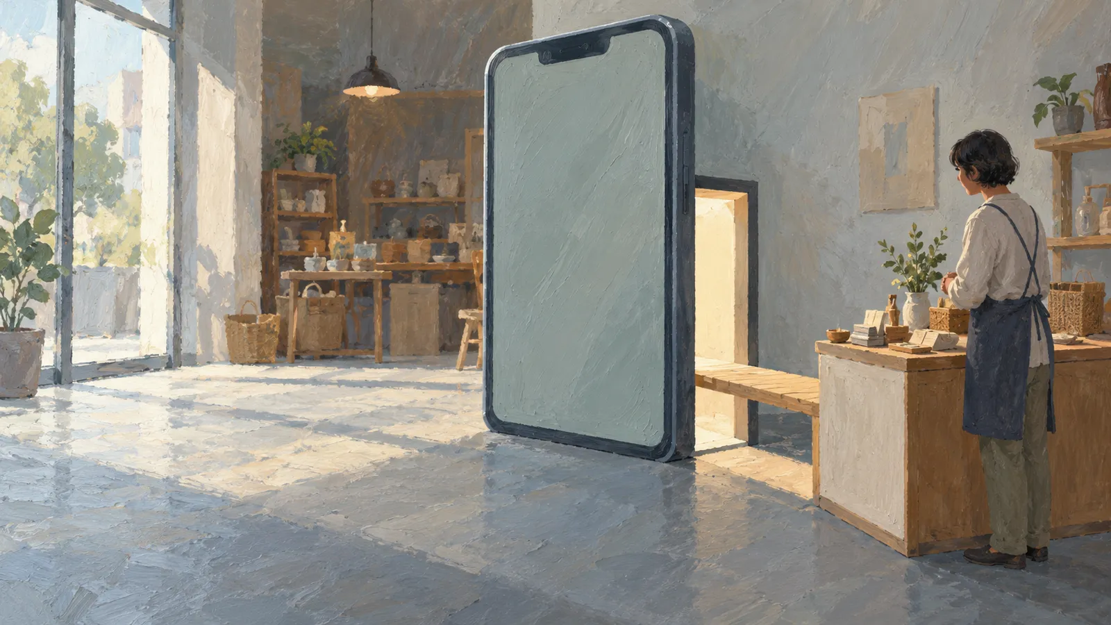 A painted scene of an oversized blank smartphone in a sunlit shop, with an apron-clad person standing at a counter. SI illustration
