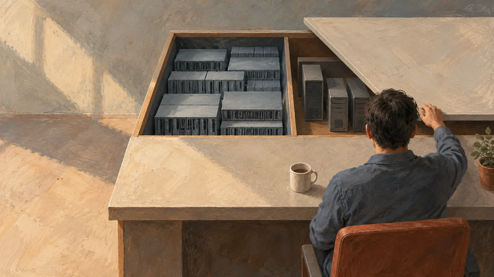 A painted scene of a person seated at a desk, lifting a panel to reveal rows of computer hardware. A mug and potted plant sit nearby. SI illustration
